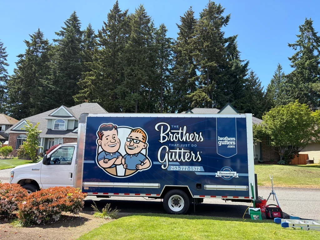 The Brothers That Just Do Gutters truck at a Tacoma area home