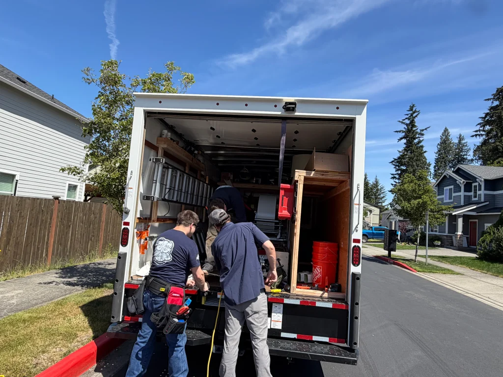 Crew staging tools and material before an installation