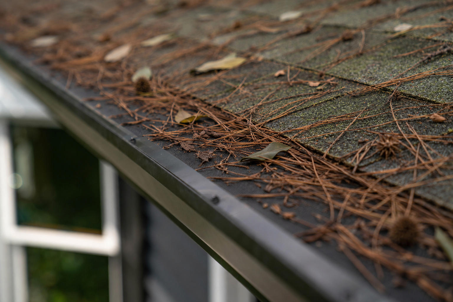Gutter clogged with fir needles and leaves along a Tacoma roofline